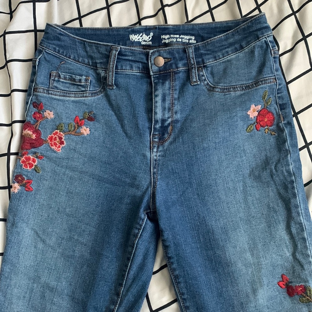 Red flower embroidery high rise jeans